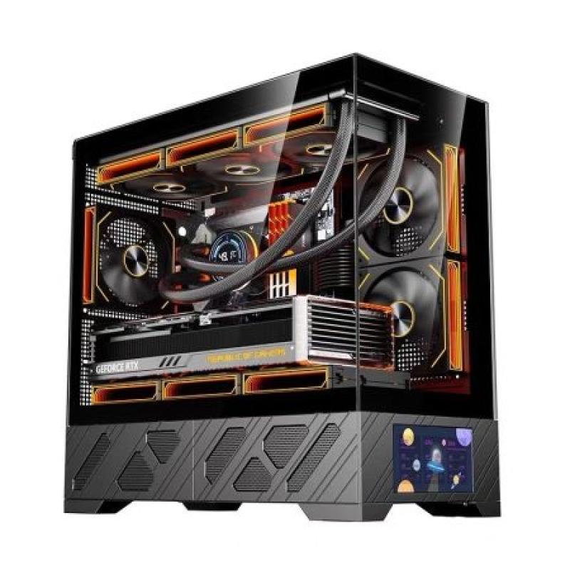 玩嘉 千禧MATX -副屏版 黑色 無立柱270度海景房 5.5寸顯示屏，支持自定義屏幕設(shè)置，顯示屏可互換位置，